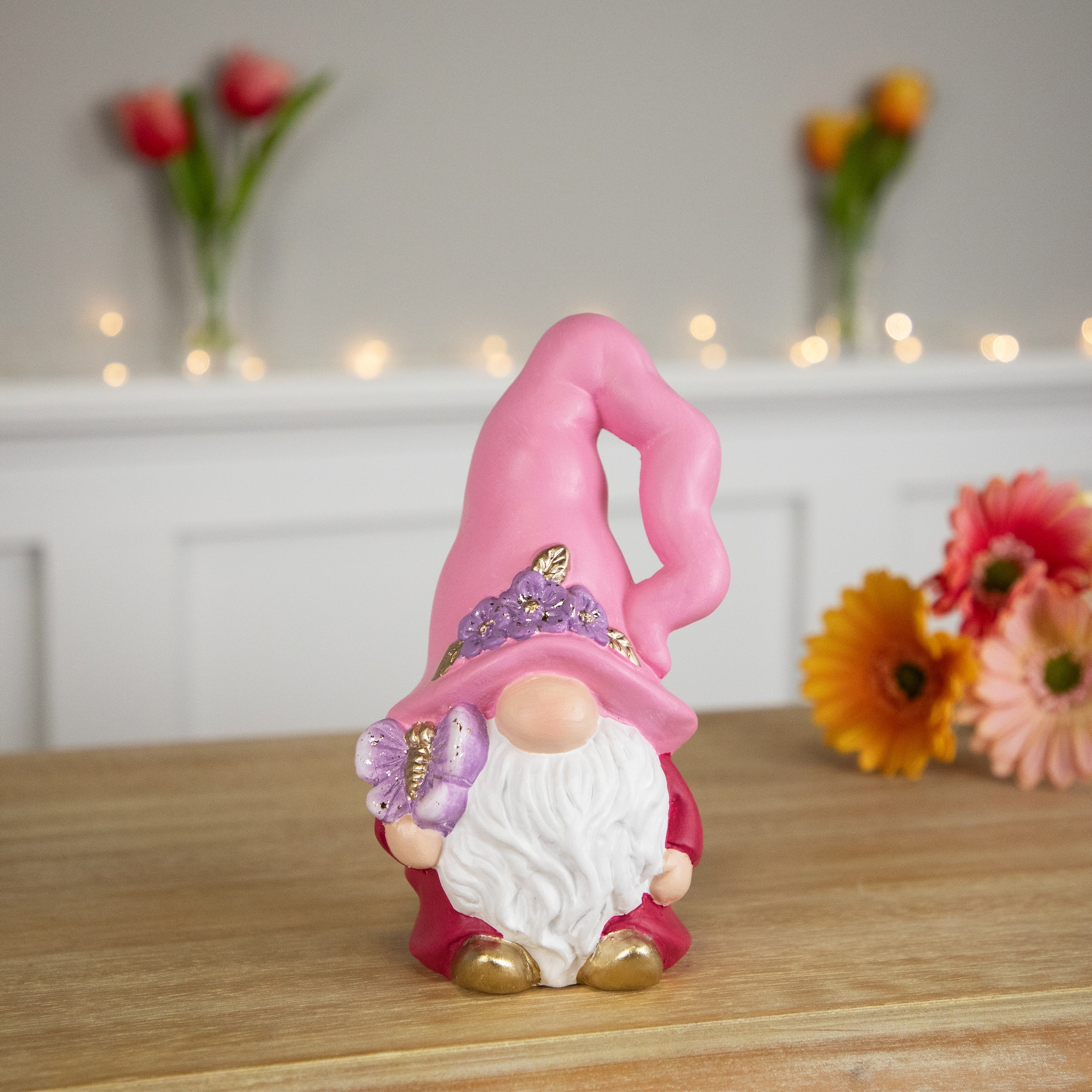 7" Pink & Fuchsia Spring Gnome Figurine & Butterfly